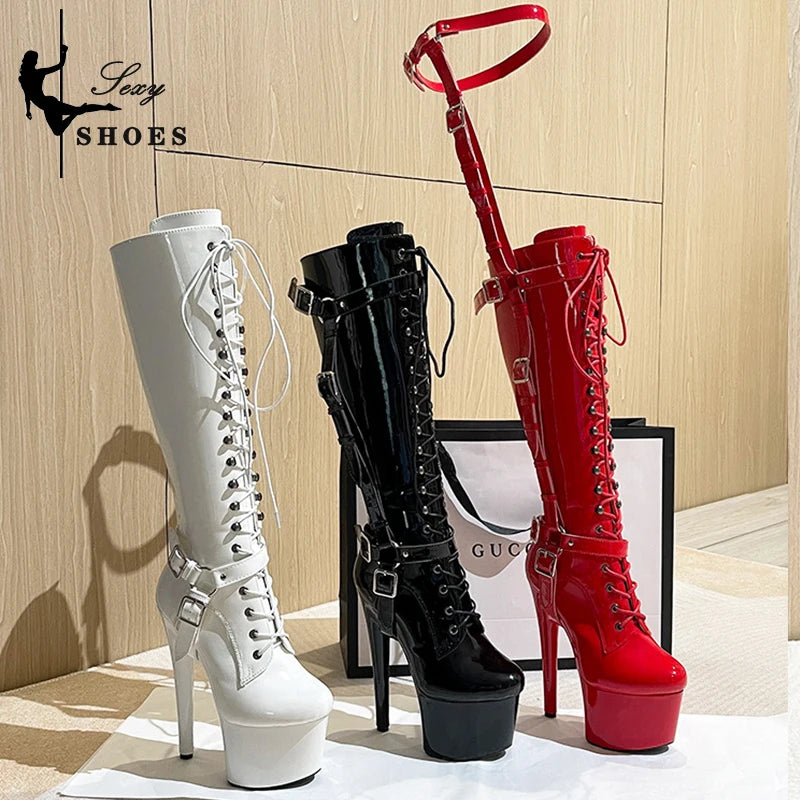 Women Erotic Red T-tied Knee-High Boots Pole Dancing Fashion Boots Zip Stiletto Gothic Fetish Long Boots Stripper Shoes