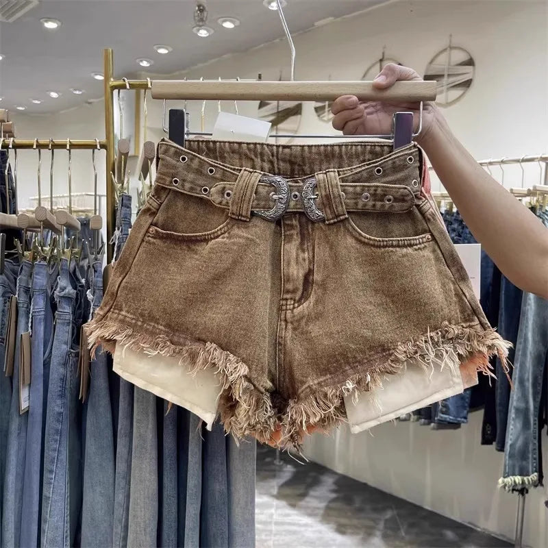 Retro Brown Shorts with A Cut Waistband High Waist Personalized Fashion Wide Leg Hot Pants Shorts Women