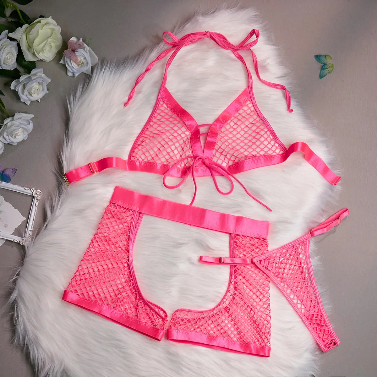 Bikini Fashion Sexy Lingerie Mesh See-through Sexy Soft Women's Three-Piece Suit
