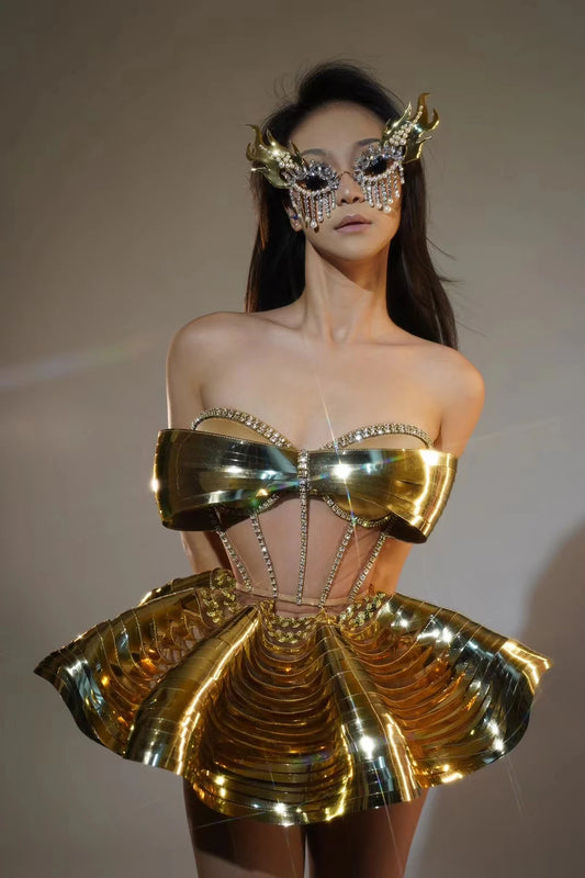 Sexy Diamonds Activity Clothing Women ClubCelebrate Stage Wear Performance Outfit Sparkly GoloSilver Top 2PCS Skirt Sets  Y009