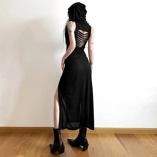 2025 Women's Goth Dark Cyber Gothic Hooded Dresses Y2k Punk Grunge Hollow Out Midi Dress Vintage Sexy Split Side Bodycon Dress