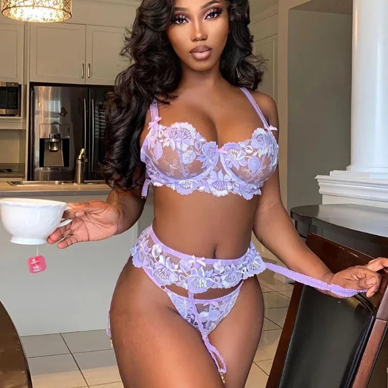 Ashburn 3 Piece Set Sexy Lingerie Embroidery Printing Patchwork Bow Knot Lace Up See- Through Underwear Bra Set For Women New
