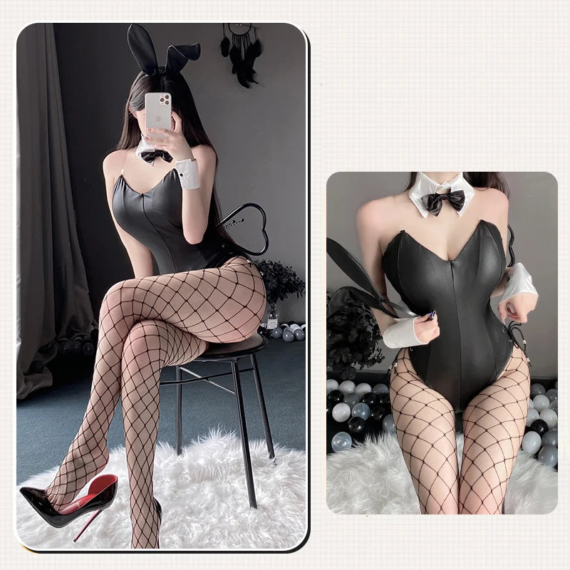 Bunny Cosplay Costume PU Leather One Piece Bodysuit Sexy Bodysuit Kawaii Bunny Girl Comic Show Anime Game Rabbit Role Play Suit