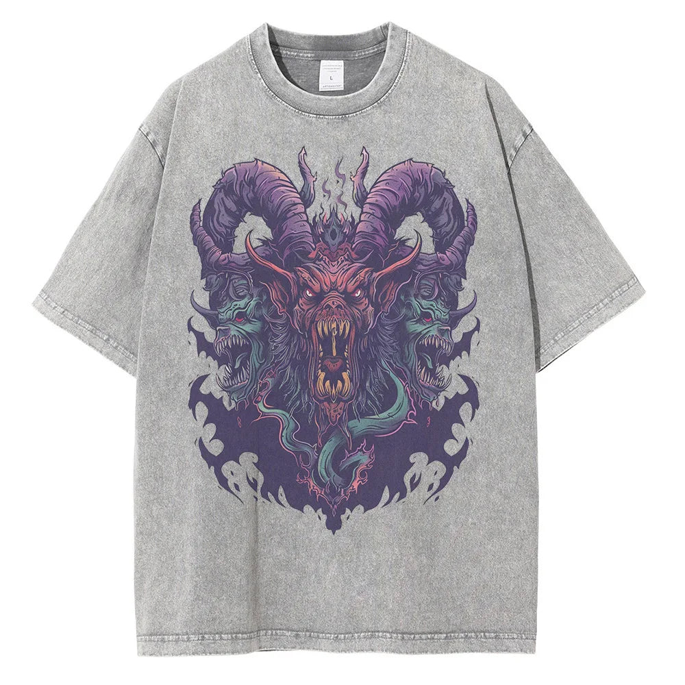 Cotton Distressed Batik Washed Graphic T-shirts Hell Demon Beast Printed T-shirt Drop Shoulder Vintage Oversized T-shirt 230GSM