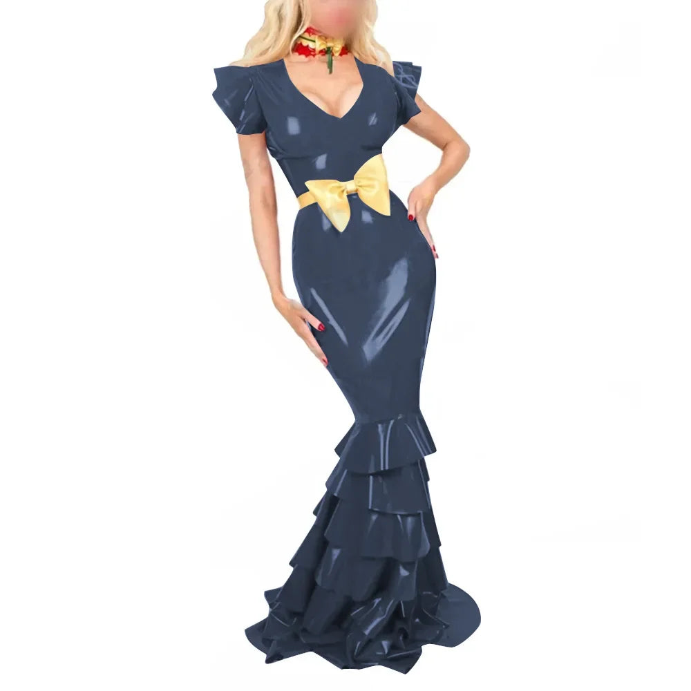 Plus Size Sexy V Neck Hobble Dress Vestido PVC Leather Short Sleeve Slim Ruffled Design Bodycon Maxi Dress Banquet Venue Gown