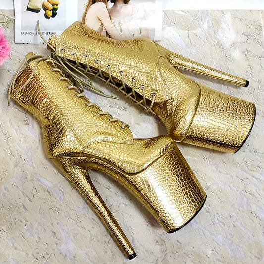 New Style Sexy Motorcycle Lace Up 20cm Gold Pole Dance Shoes Ankle Boots Platform Gladiator Nightclub 8Inches High Heels Exotic
