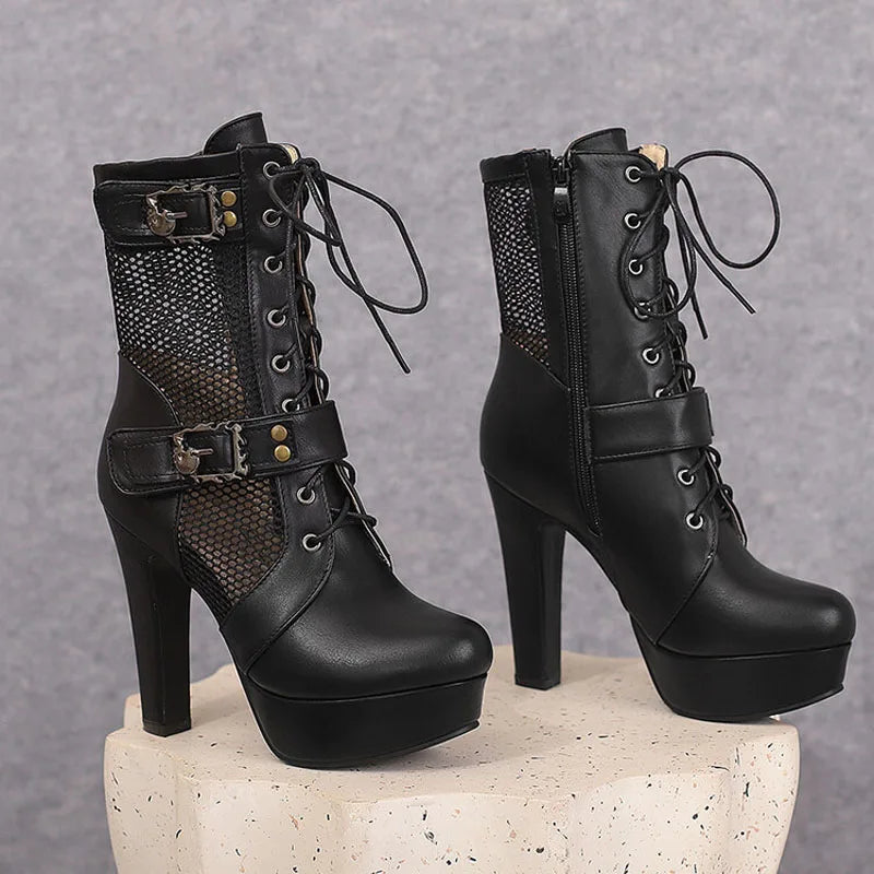 2025 New Lace-up Mesh Summer Boots Women Sexy High Heels Platform Sandals Large Size Women's Custom Boots Female Shoes WSH5054