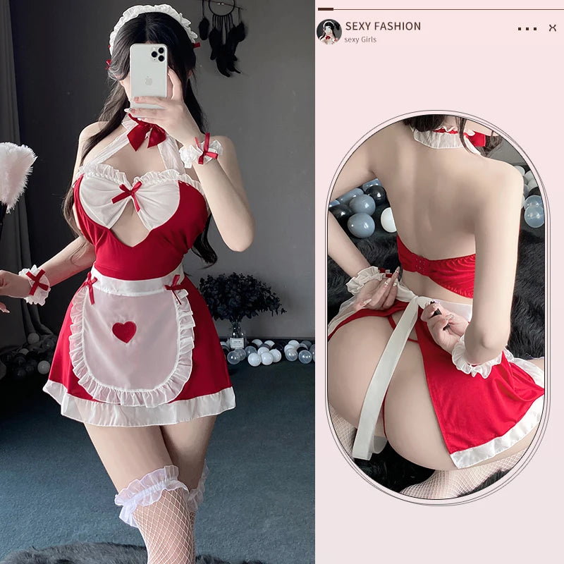 Maid Outfit Lolita Cosplay Lingerie Pajamas Sexy Kawaii Club Costume Black White Women Uniform Babydoll Dress Bowknot Costumes