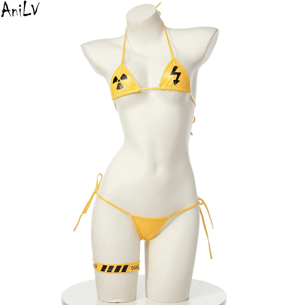 AniLV Danger Warning Yellow Bikini Swimsuit Women Anime Game Three Point Leather Underwear Set Costume Cosplay