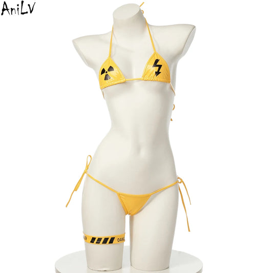 AniLV Danger Warning Yellow Bikini Swimsuit Women Anime Game Three Point Leather Underwear Set Costume Cosplay