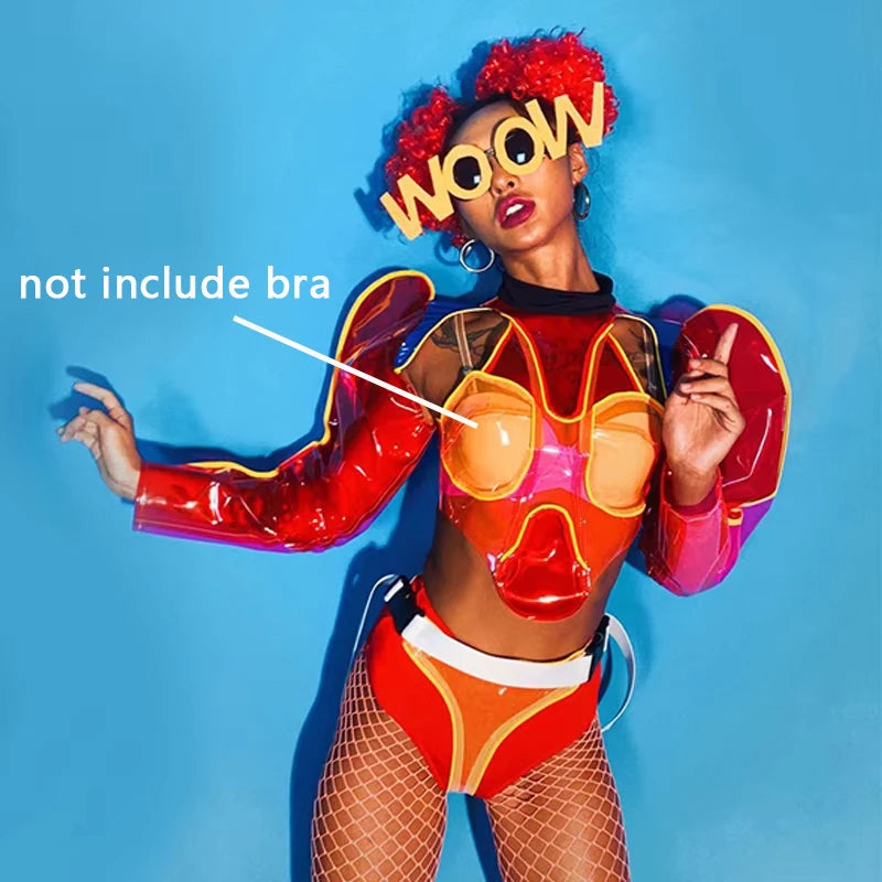 Nightclub Gogo Dance Costume Red Transparent Clown Rave Outfit Pole Dance Clothing Festival Clothing Jazz Dancewear VDB3200