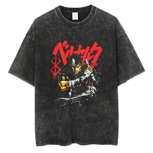 Anime Graphic T-shirt for Men Women Vintage Black Washed Cotton Tees Tops Summer Casual Loose Oversized Tshirt Streetwear Outfit