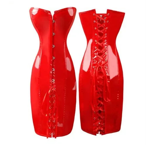 PVC Leather Corset Dress Sexy Women Gothic Punk Long Strapless Torso Bustier Body Slim Club Vinyl Latex Mini Dress Plus Size