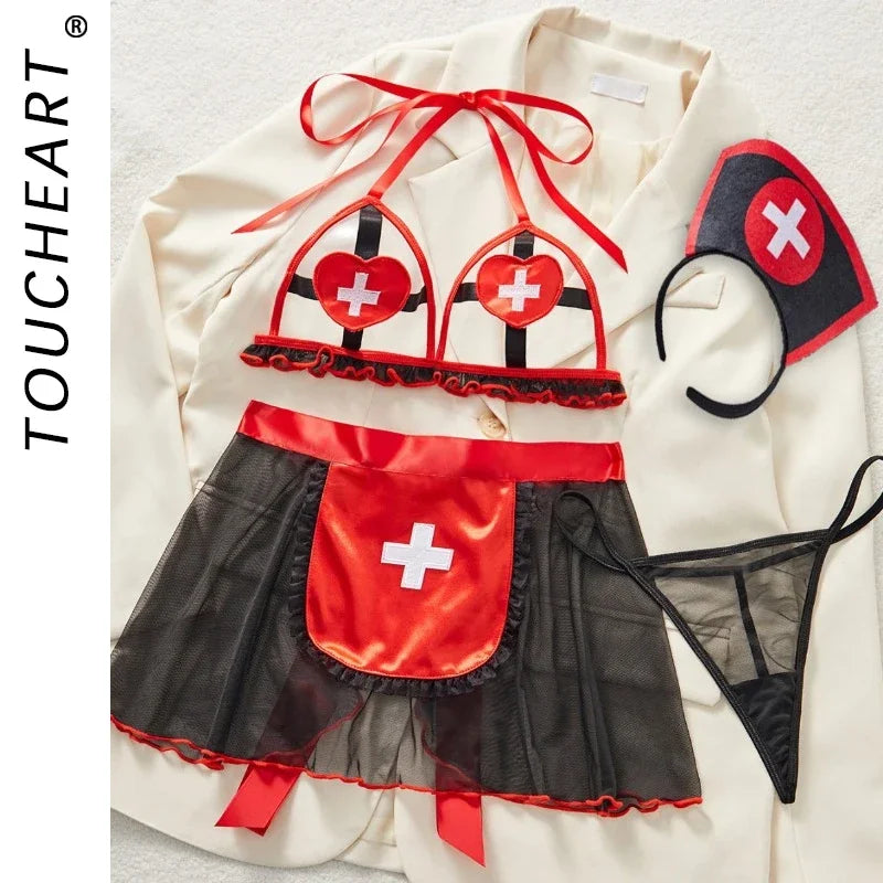 Toucheart Sexy See-through Nurse Uniform Cosplay Sexy Hollow Out Underwear Suit for Womem Mesh See-through Sexy Lingerie Set New