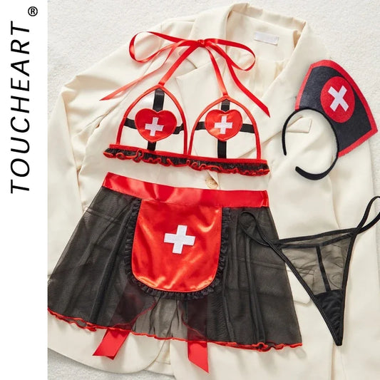 Toucheart Sexy See-through Nurse Uniform Cosplay Sexy Hollow Out Underwear Suit for Womem Mesh See-through Sexy Lingerie Set New