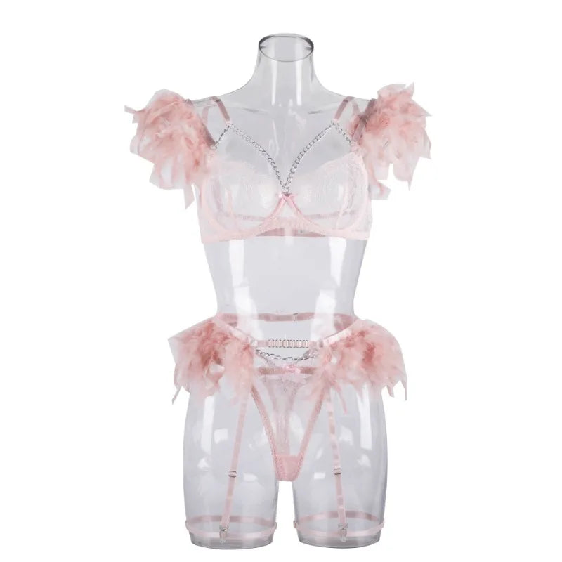 Toucheart 4 Piece Set Fun Lingerie For Women Feather Lace Splicing Chain Sexy Slim Mesh See-Through Sexy Lingerie Garters Suit