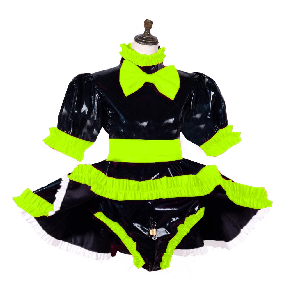 lockable dress Role Play Maid Dress with Apron Lockable Panties French Sissy PVC Short Sleeved Dress Lockable Uniform XS-7XL