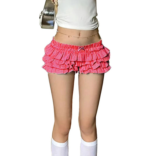 Lolita Cosplay Costume Y2K Vintage Plaid Print Bloomers Pants Cutest Layered Ruffles Shorts Women Low Waist Pumpkin Shorts