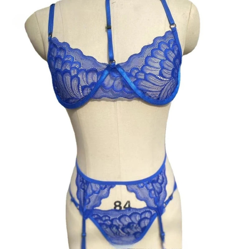 Toucheart Sexy Interesting Underwear For Women Halter Bra Garter Belt Girdle Suit Solid Color Mesh See-Through Sexy Lingerie Set