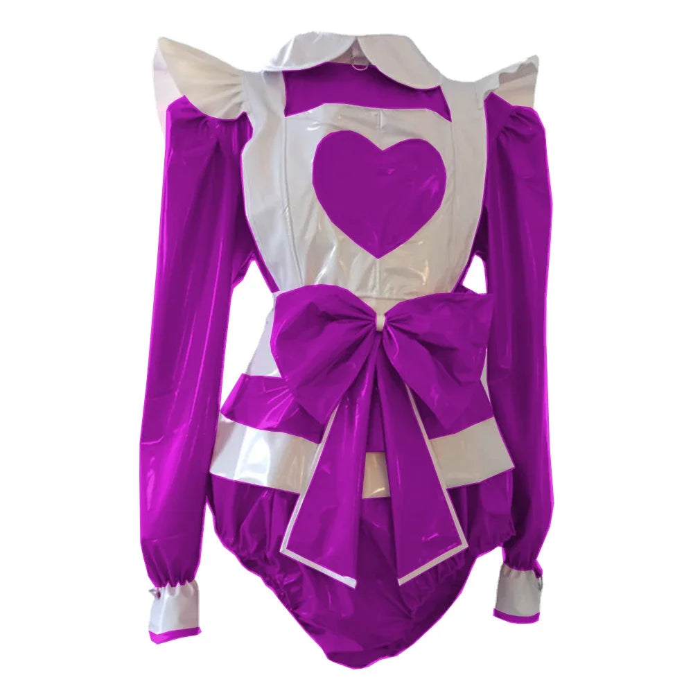 Long Sleeve heart Rompers Maid style with Big Bow Apron Spandex PVC Leather Cosplay Suits
