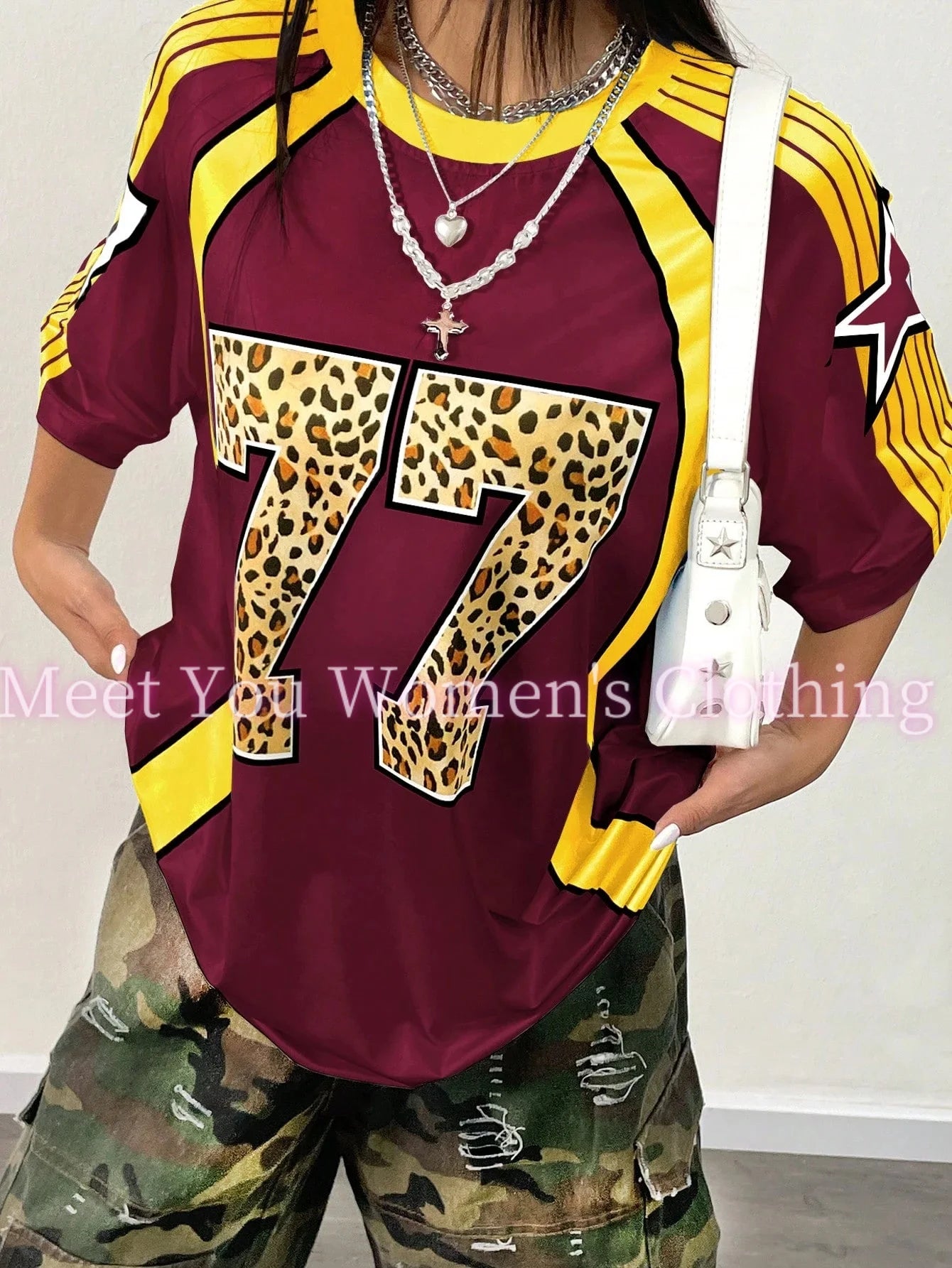 Leopard Number 77 T-Shirt  Women Summer sexy Oversized V-neck Tee Harajuku Trend Short Sleeve Female Streetwear Womens Tops