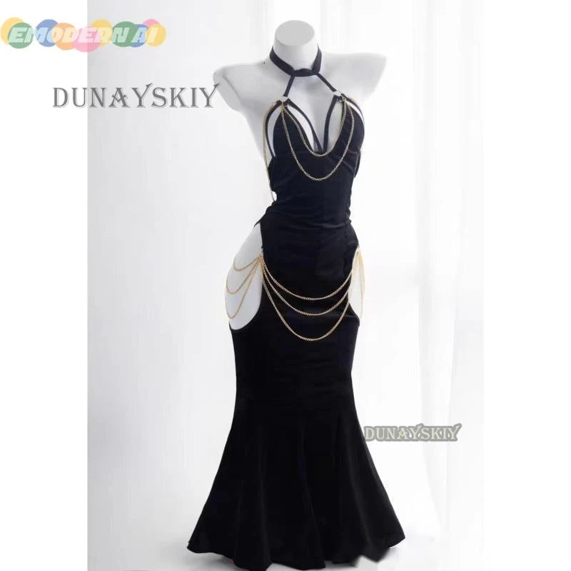 Anime Overlord Albedo Cosplay Costumes Glove Dress Wrapped Hip Open Crotch Fish Tail Skirt Black Mermaid Halloween Lute