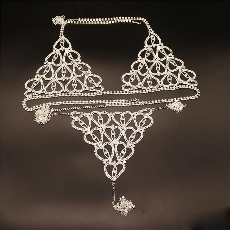 Fashion Sexy Rhinestone Heart Body Chain Harness for Women Luxury Lingerie Bling Bikini Bra and Thong Set Jewelry