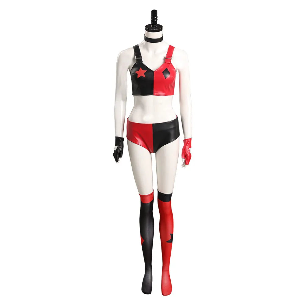 Quinzel Cosplay Costume Adult/Women Jumpsuit Bikini Top Shorts Neckband Swimsuit Outfits Halloween Carnival Party Disguise Suit