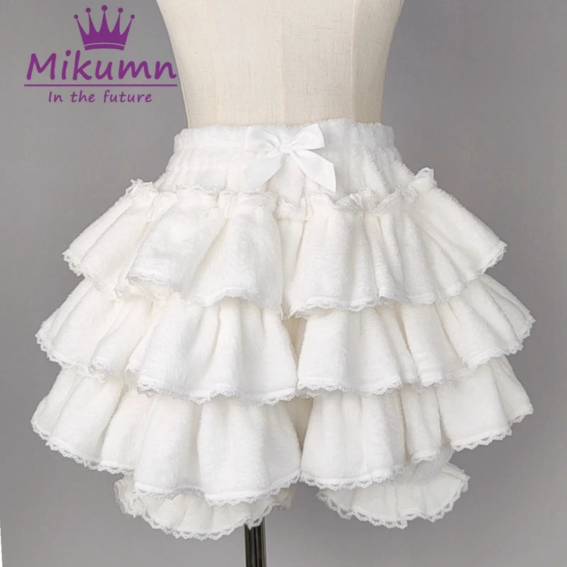 Harajuku Y2k Sweet Pink White Pumpkin Pants Lolita Autumn Winter JK Plush Shorts Japanese Kawaii Ruffles Lantern Shorts