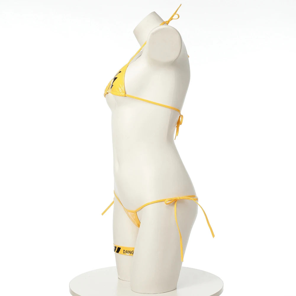 AniLV Danger Warning Yellow Bikini Swimsuit Women Anime Game Three Point Leather Underwear Set Costume Cosplay