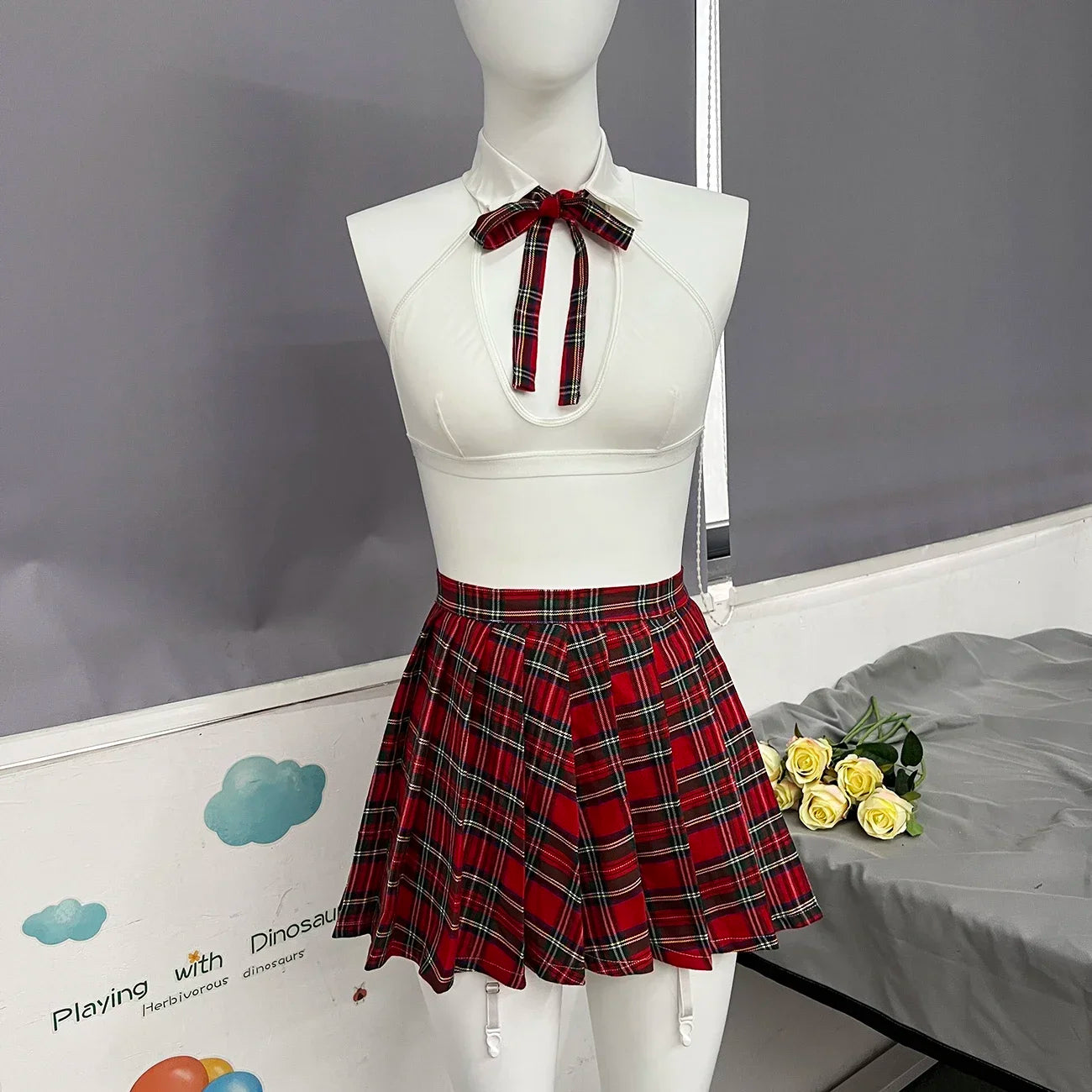 Toucheart Teacher Cosplay Lingerie Sheer Mesh Underwear Halter Bra Plaid Skirt Sissy Erotic Crotchless Briefs Outfits Jk Uniform