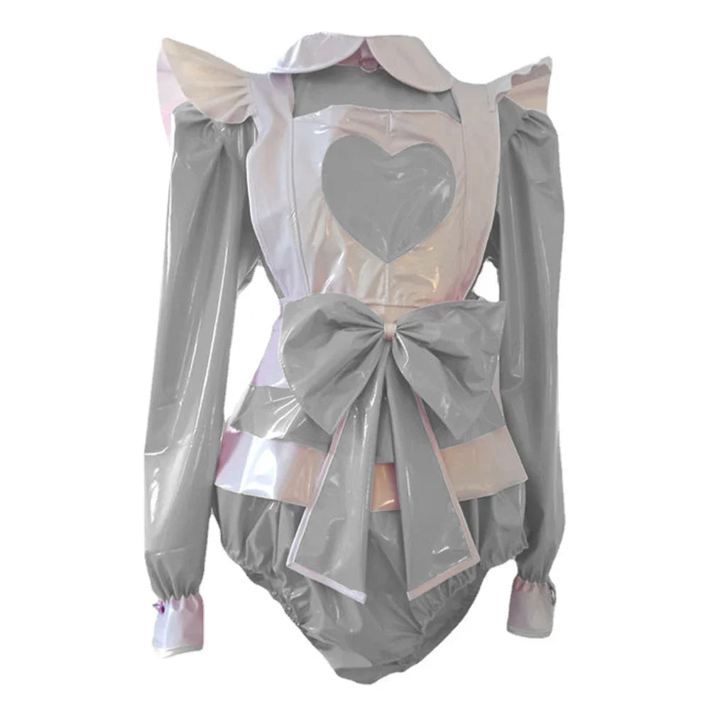 Long Sleeve heart Rompers Maid style with Big Bow Apron Spandex PVC Leather Cosplay Suits
