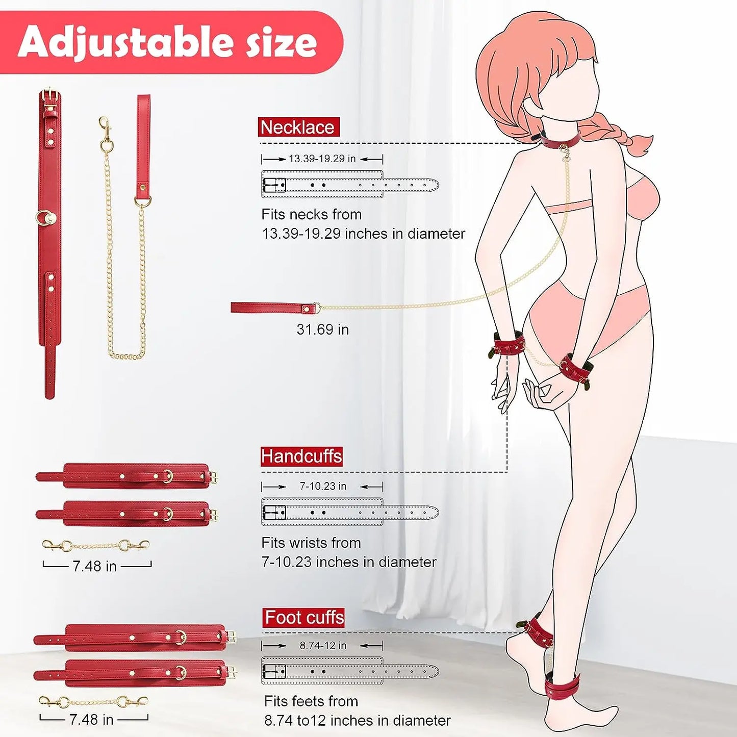 5PCS Red Sex Bondage Adult Toy SM Games Sexy Adjustable Leather BDSM Bondage Sex Toys Betish Bondage Neck to Wrist Couples Toy
