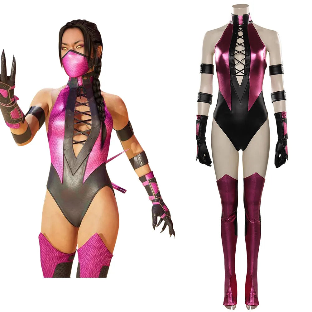 Mileena Cosplay Sexy Jumpsuit Legcover Anime Game Mortal Kombat Costume Women Girls Halloween Party Clothes For Ladies Role Play