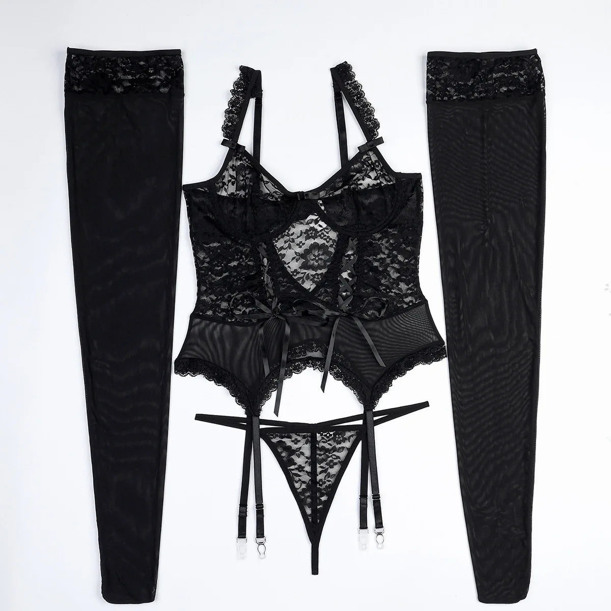 Toucheart Sexy Lace Lingerie Bodysuit Suit for Women Mesh Patchwork Lace Hollow Out See-through Garters Stocking  Underwear Set