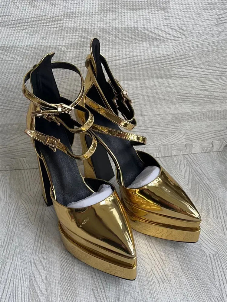 Pointed Toe Patent Leather Roman THICK HEELS Women's Platform Summer Thick High HeelS
