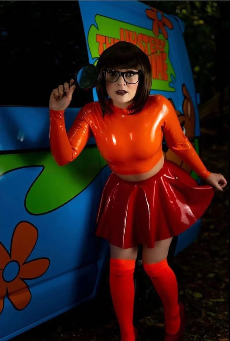 Velma Latex Costume Full Set rubber suit handmade customized High neck Long Sleeve Top with skirt, stocking, wig, glasses