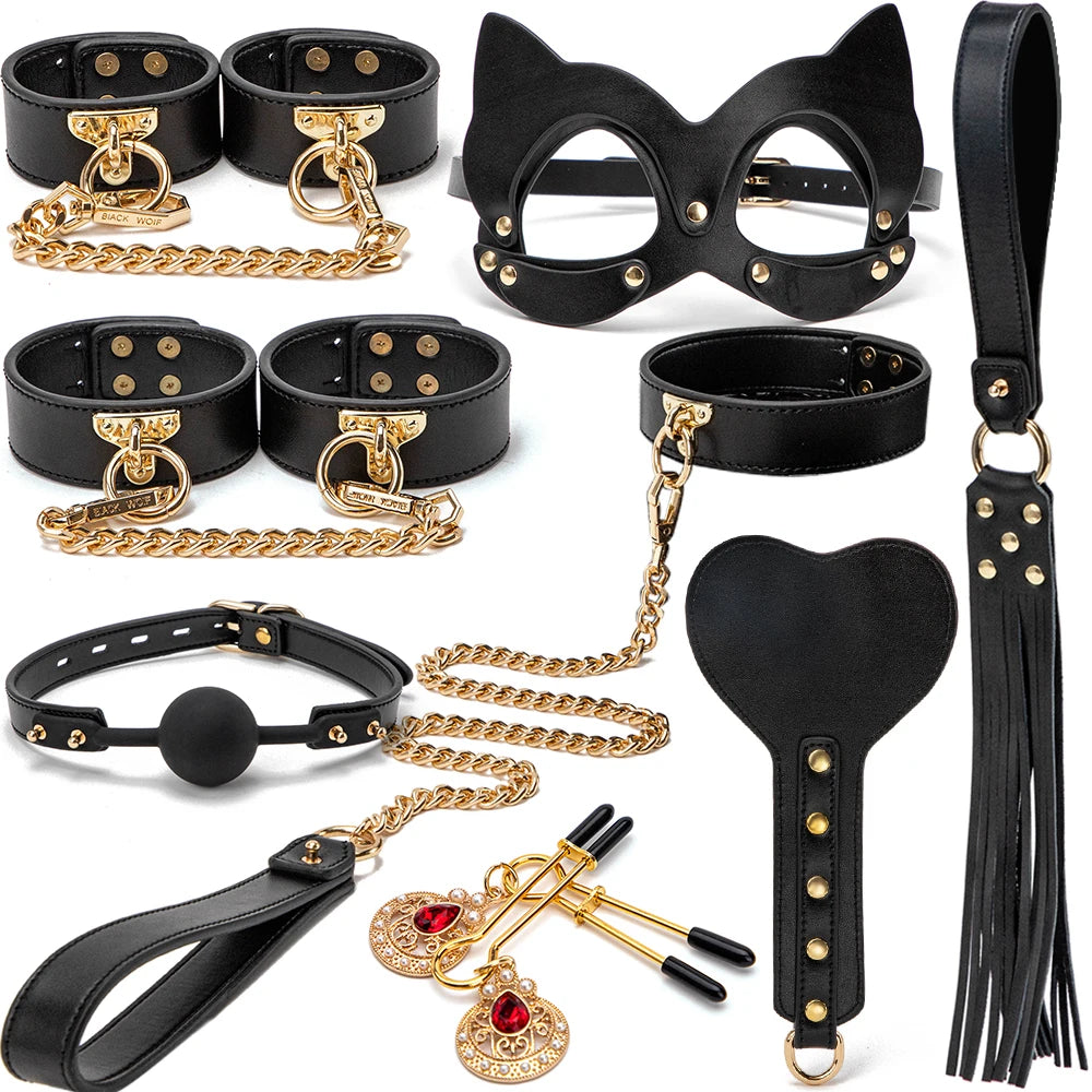 Erotic Bed Bondage Kits Slave Restraint Bondage Set Genuine Leather Collar Gag Whips Handcuffs Adult Sex Toys For Women Couples