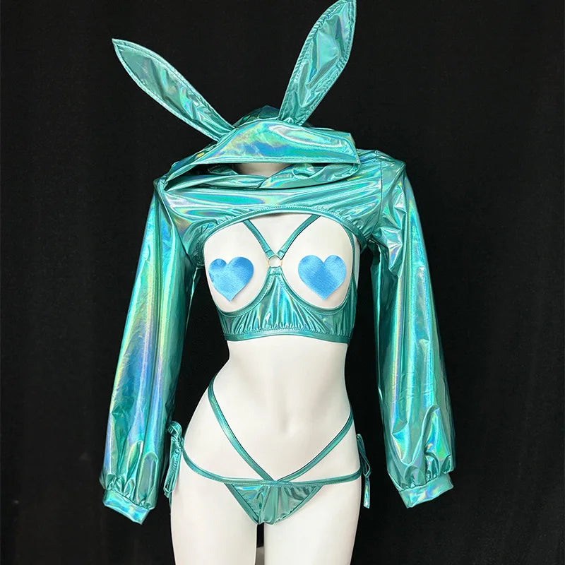 Anime Cute Bunny Girl Costumes Women Sexy Laser Leather Hooded Bodysuit Outfits Kawaii Rabbit Ears Uniform Bikini Set Nightdress