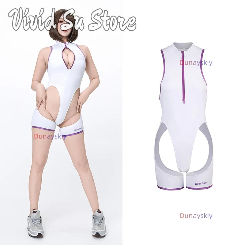 Anime Cospaly Swimsuit Costumes Hollow Out High Split Chest Zipper Hip Zentai Jumpsuits Sexy Women's Bodysuits Summertime Outfit