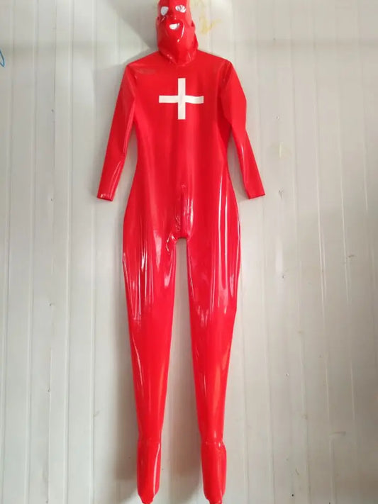 Rubber Mask Latex Women Red Full Cover Suit With Socks and Zipper Size S-XXL