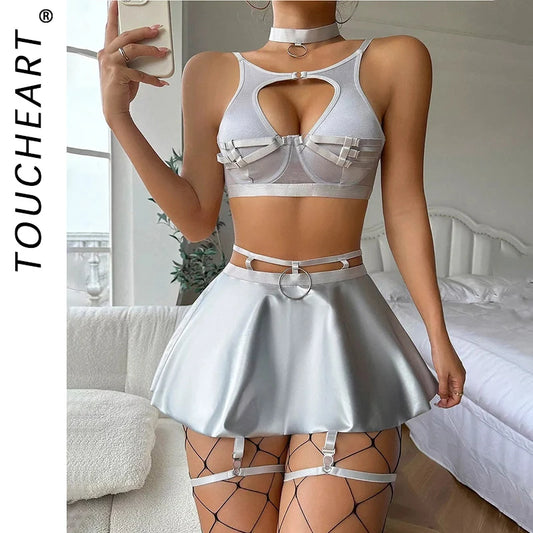 Toucheart Lace Sexy Black Bra Underwear Set For Women Solid Color Leather Solid Color Low Cut Hollow Out Sexy Apron Underwear