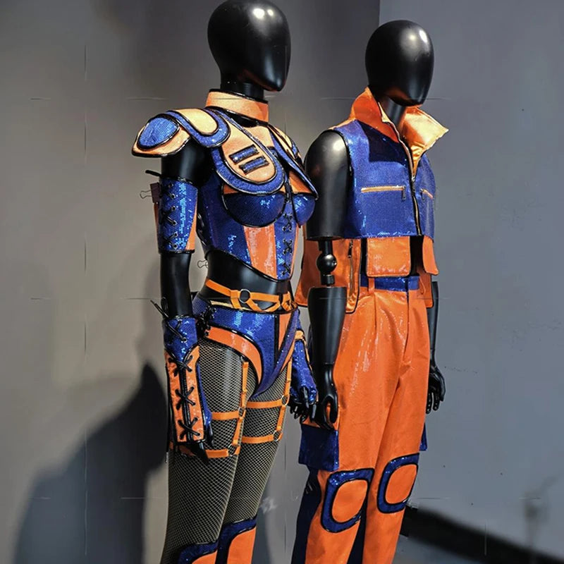 Gogo Show Stage Costume Orange Blue Futuristic Armour Performance Suit Jazz Pants Drag Queen Outfit Festival Rave Clothing 3748