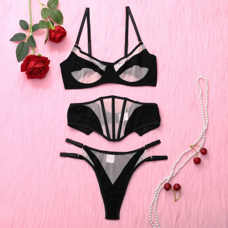Toucheart Sexy Lingerie Suit for Women Contrast Color Sexy Ladies Suit Mesh Patchwork See-through Exotic Underwear 3-piece Set
