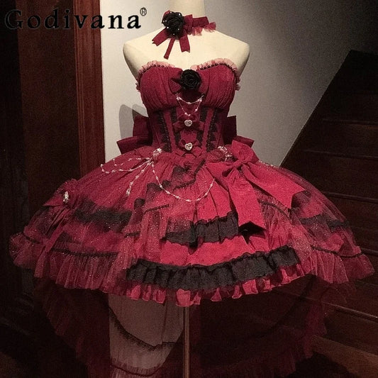Red Lolita Strapless Dress Spring and Summer New Sweet Girl Ladies High Waist Elegant with Tail Party Short Dresses for Women