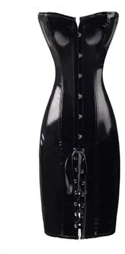 PVC Leather Corset Dress Sexy Women Gothic Punk Long Strapless Torso Bustier Body Slim Club Vinyl Latex Mini Dress Plus Size