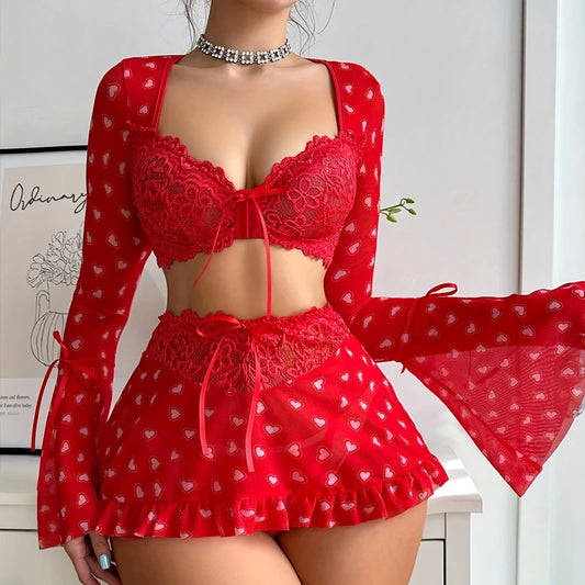 Ashburn 3 Piece Set See-through Sexy Lingerie For Women Red Love Bra Mesh Patchwork Ruched Lace Up Skirt Thong Sexy Suit New