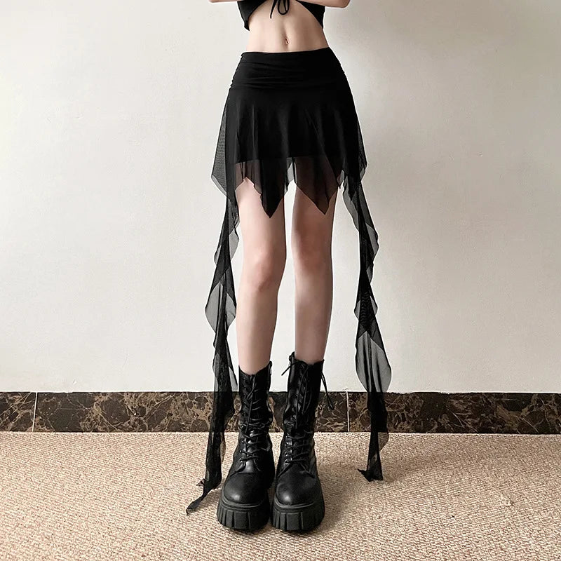 Goth Dark 2000S Aesthetic Irregular Hem Short Skirt Gothic Fashion High Waist Slim A-Line Skirts E-girl Streetwear Mesh Bottoms