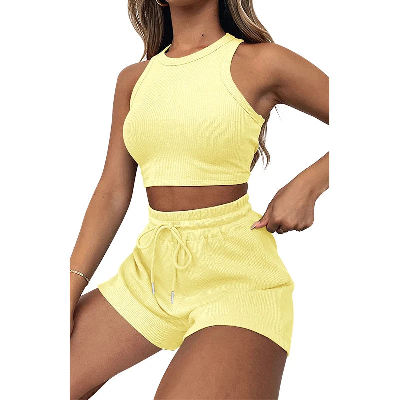 Women's Solid Waffle Textured Shorts Set, Co Ords for Women, Breathable O-Neck Crop Tank Top & Drawstring Shorts Two-piece Set