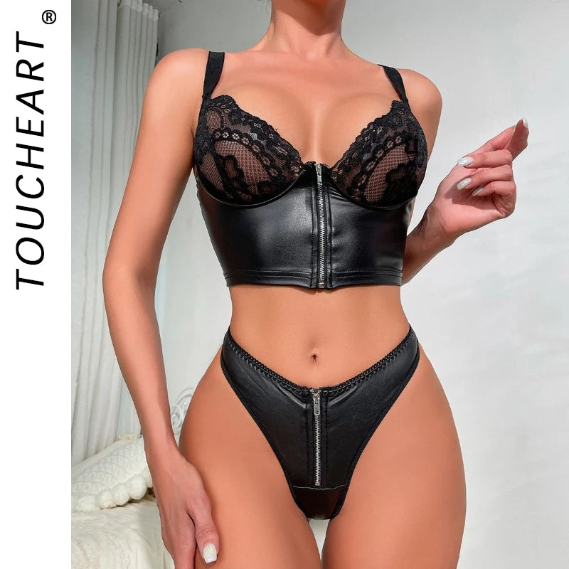 Toucheart Sexy PU Women's Underwear Solid Color With Zipper PU Patchwork Mesh Lace See Through Bra Set Sexy PU Underwear New